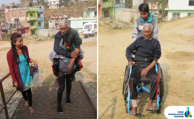 Mohan gets a new wheelchair in Nepal.