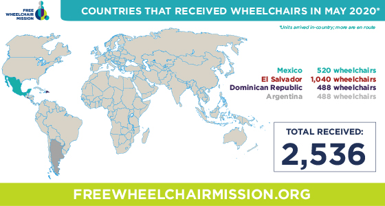 Map of countries that received wheelchairs in May 2020.
