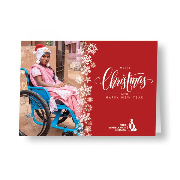 2020 Christmas Card from Free Wheelchair Mission, featuring a young woman from India.