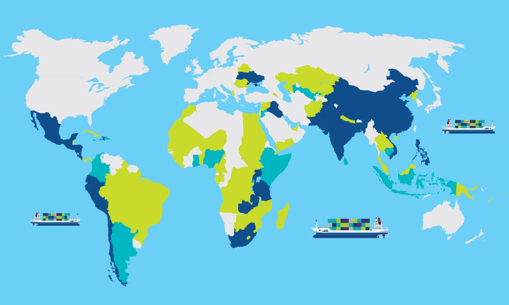 A map of 94 countries served by Free Wheelchair Mission