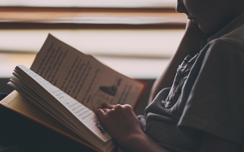 A boy reads a kid's book.