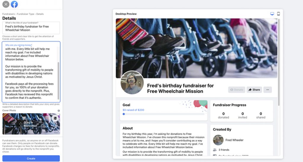 Enter details of your Facebook Fundraiser for Free Wheelchair Mission