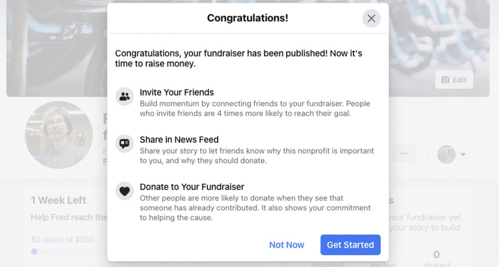 This popup screen will appear once you create your Facebook Fundraiser.