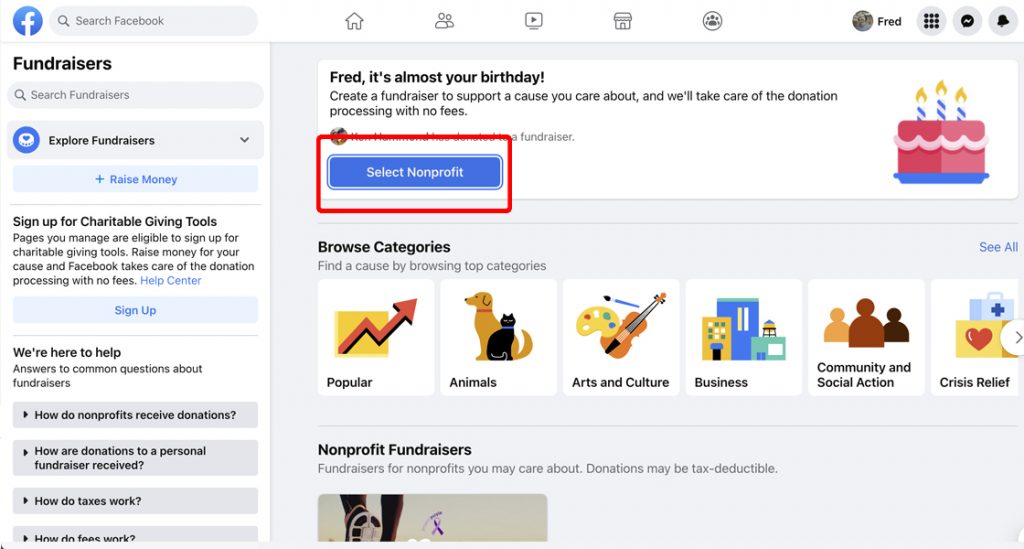 Select the nonprofit you want to raise funds for on Facebook.