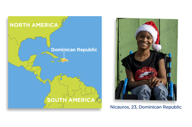 A map showing the Dominican Republic, with a photo of a woman in a wheelchair.
