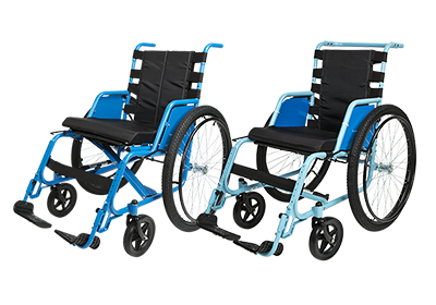 Two blue wheelchairs from Free Wheelchair Mission.