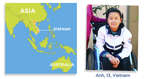 A map showing Vietnam in Asia, with a photo of a Vietnamese girl named Anh in a wheelchair.