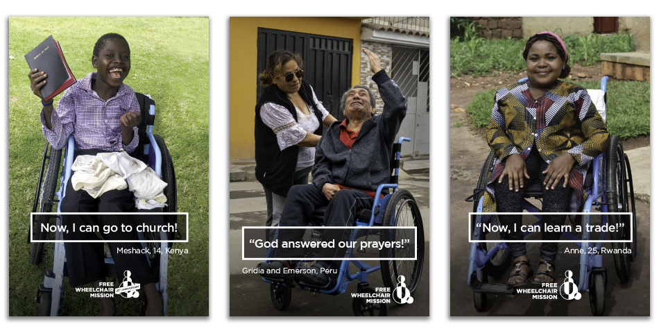 Three cards featuring people in new wheelchairs, in Kenya, Peru, and Rwanda.