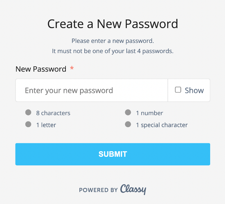 Screenshot that reads, "Create a New Password. Please enter a new password. It must not be one of your last 4 passwords."