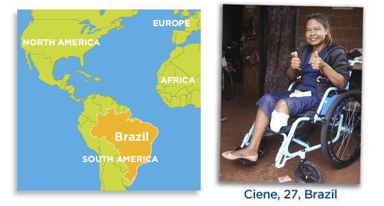 A map of Brazil and a photo of a young woman in a wheelchair.